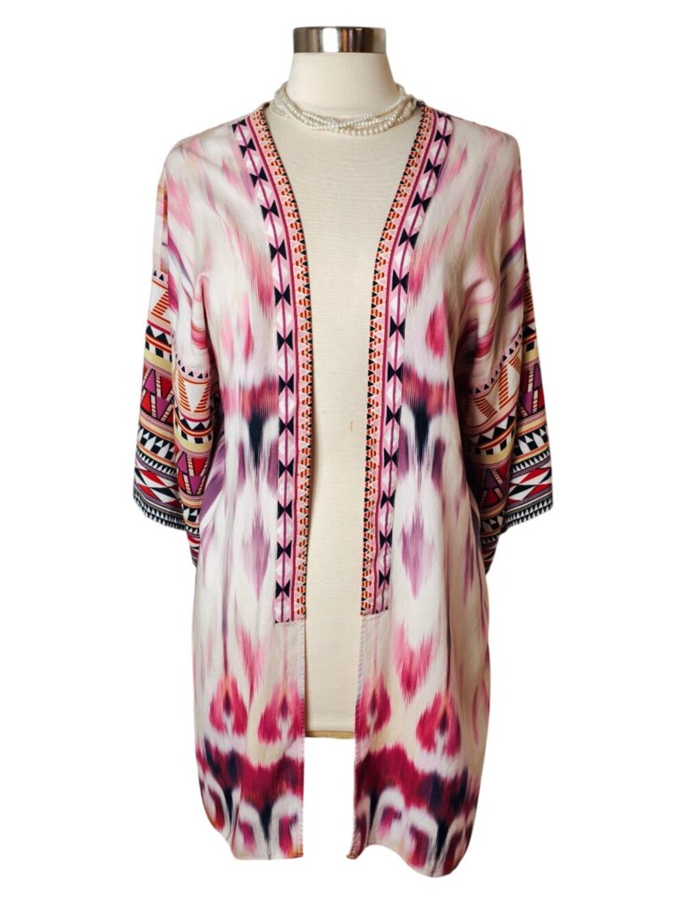 Hale Bob XS Open Front Kimono Boho Pink Multi Oversized Tribal Lightweight Layer - Picture 1 of 8